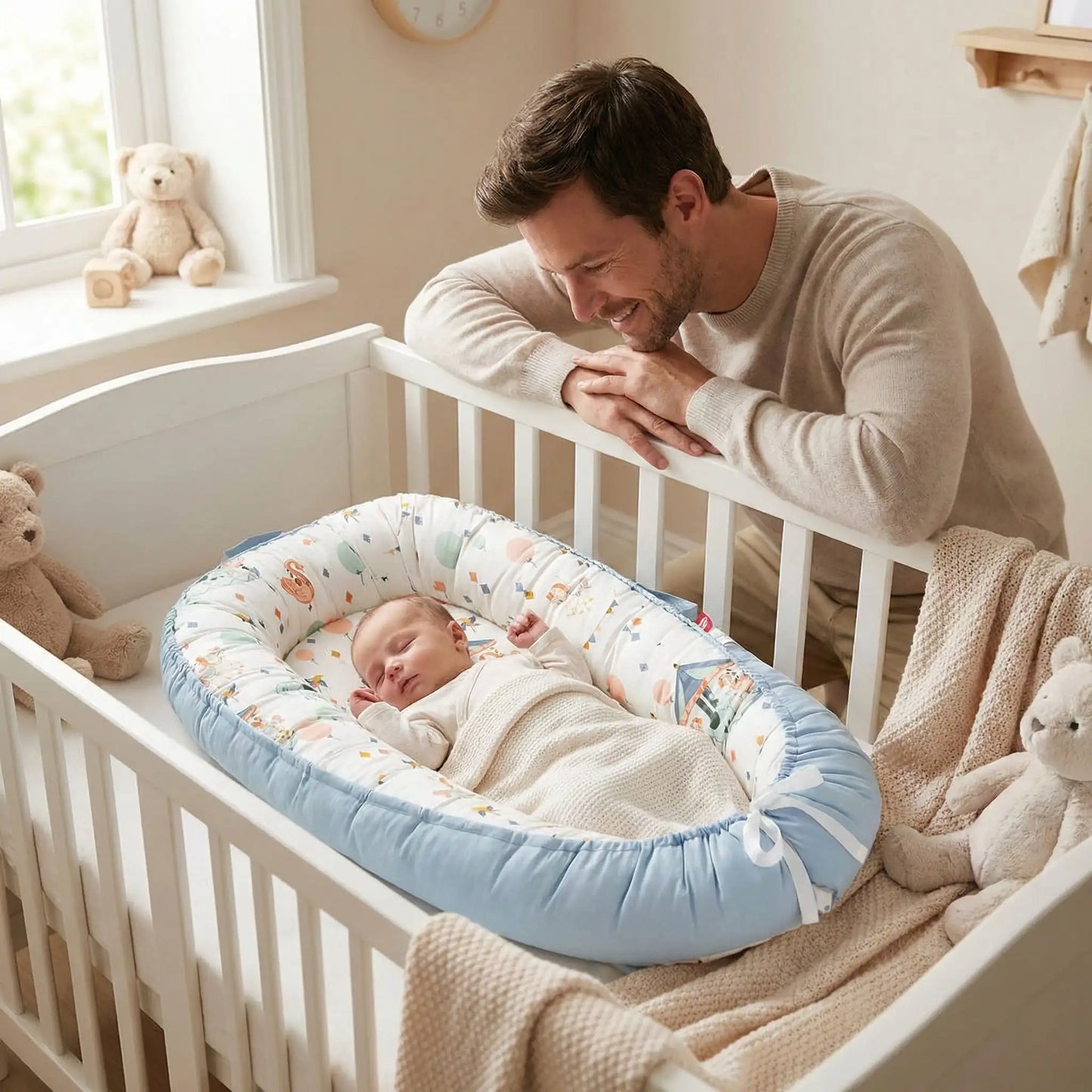 papa regarde bebe endormi avec reducteur de lit cocon securisant