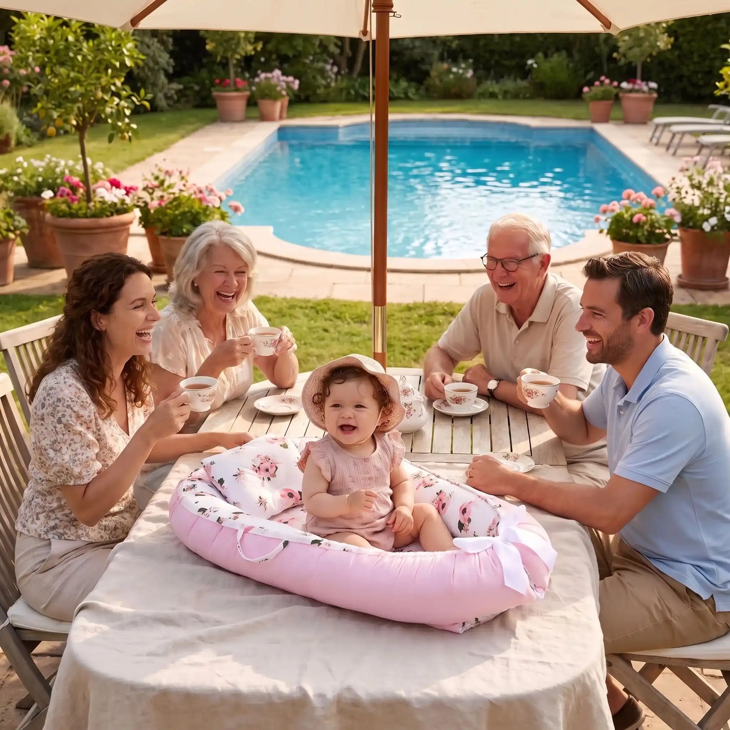 bebe en famille avec réducteur de lit coton respirant
