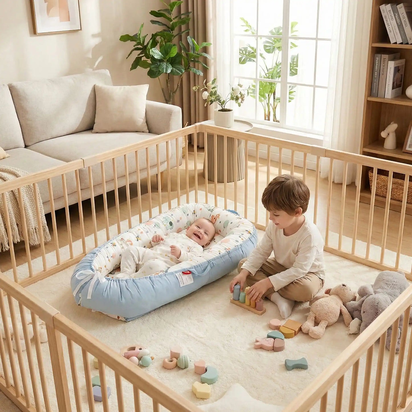 bebe joyeux avec reducteur de lit cocon securisant 