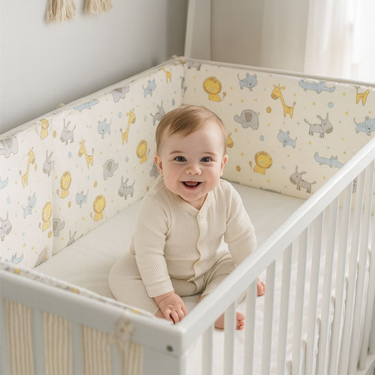enfant joyeux avec tour de lit imprime anti choc