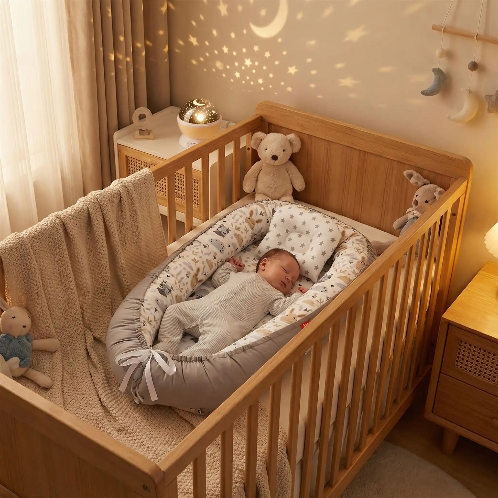 enfant paisible avec reducteur de lit bebe gris cocon douillet