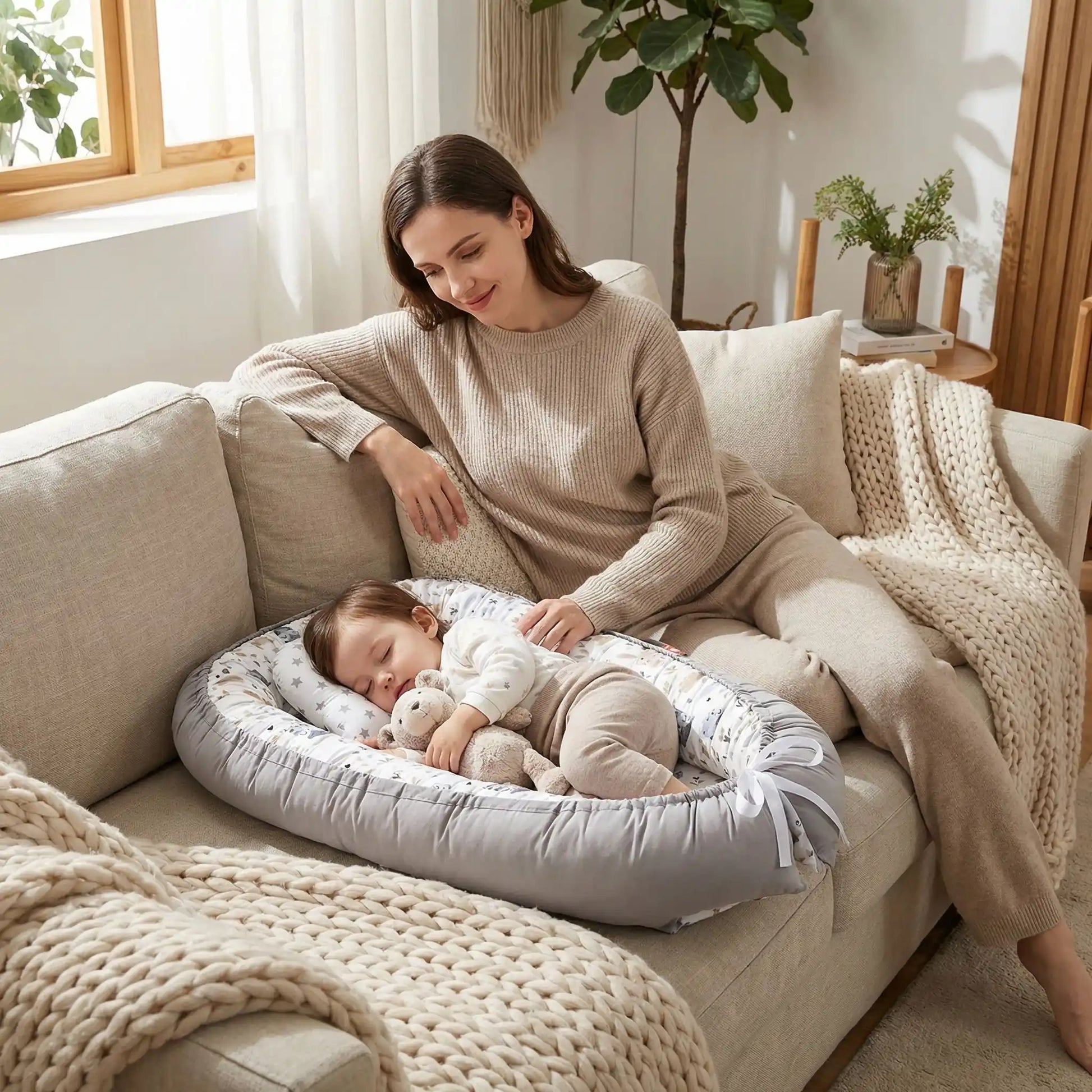 fillette endormie avec reducteur de lit bebe gris cocon douillet