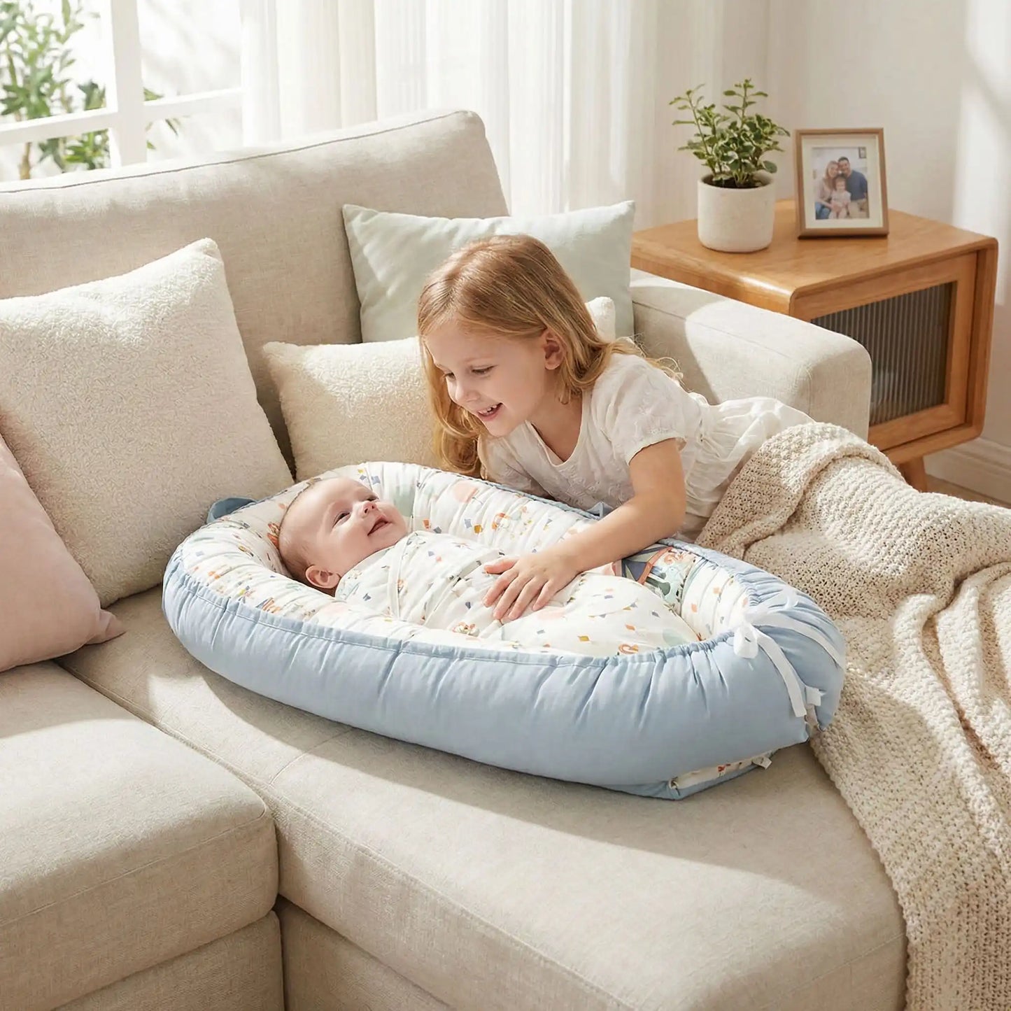 fillette souriante avec bebe et reducteur de lit cocon securisant