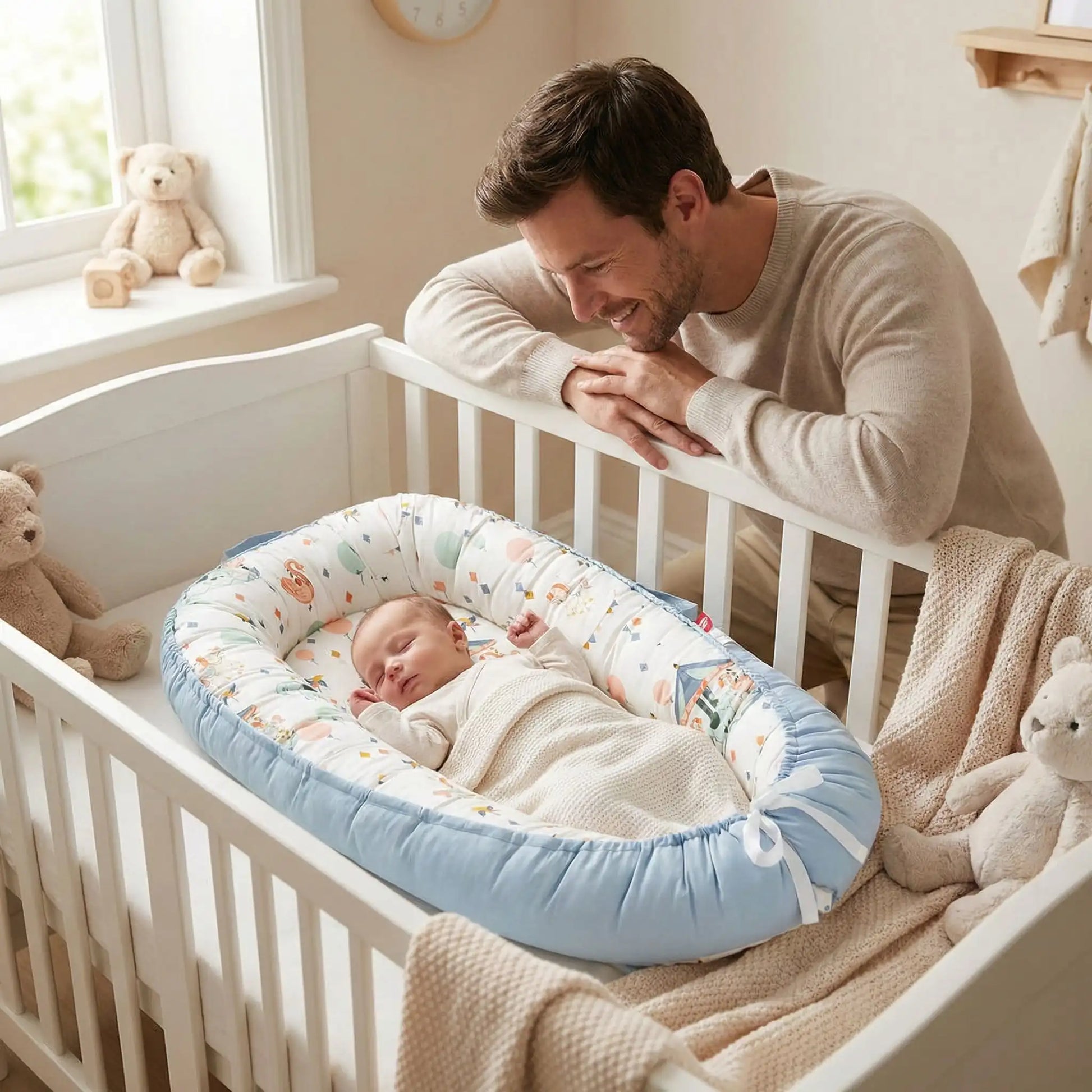 papa regarde bebe endormi avec reducteur de lit cocon securisant