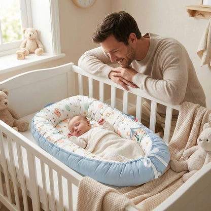 papa regarde bebe endormi avec reducteur de lit cocon securisant